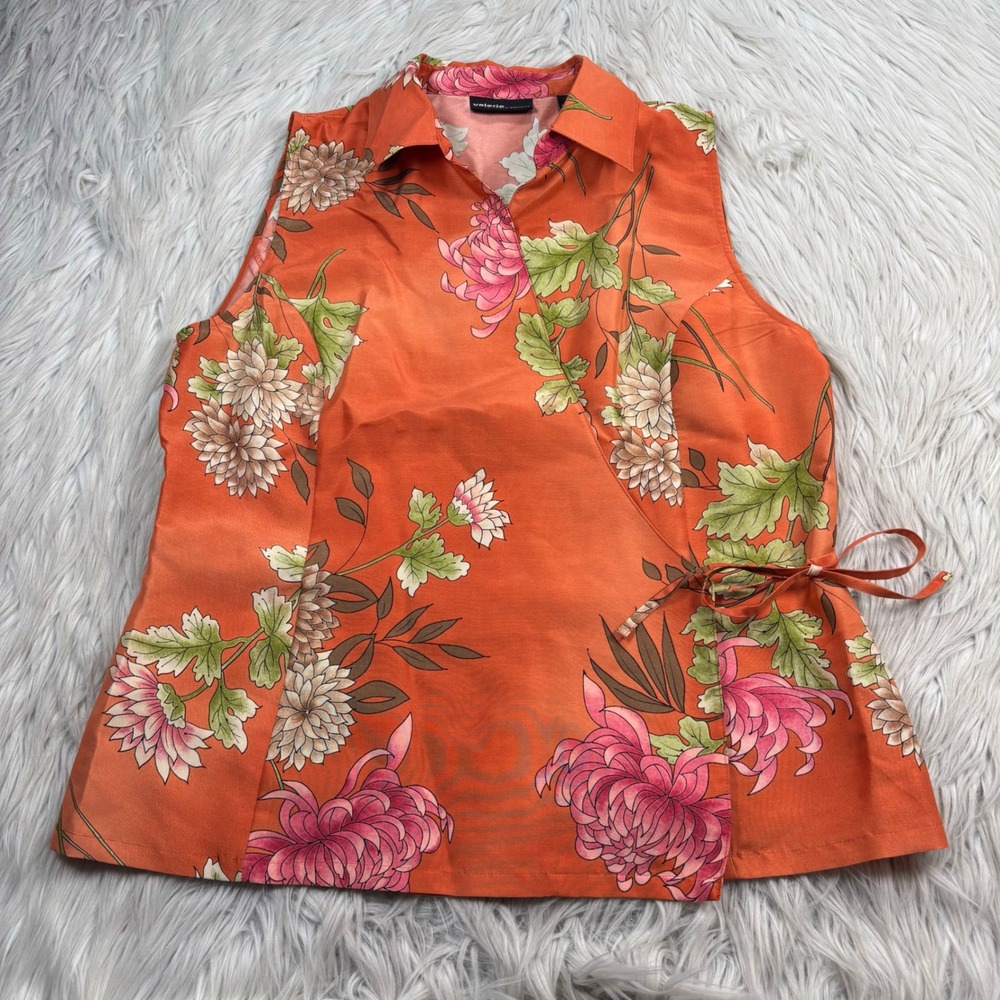 Valerie by Valerie Stevens Women's M Orange Floral 100% Silk Wrap Blouse Asian